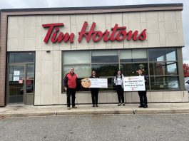 Gravenhurst Tim Hortons owner Jeff Watson, Salvation Army Lieutenant Kam Robinson, Tim Hortons general manager and operator Ashley Hrinkanic and Tim Hortons general manager Kristina Brownlee. Photo courtesy of Ashley Hrinkanic