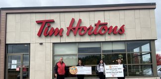 Gravenhurst Tim Hortons owner Jeff Watson, Salvation Army Lieutenant Kam Robinson, Tim Hortons general manager and operator Ashley Hrinkanic and Tim Hortons general manager Kristina Brownlee. Photo courtesy of Ashley Hrinkanic
