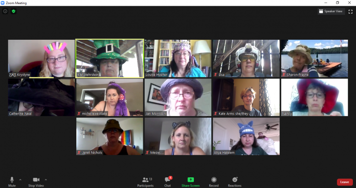 Silly hat hour during the 2020 Muskoka Novel Marathon, which was held virtually due to the pandemic