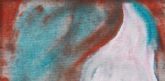 David Bowie painting entitled D Head XLVI. The painting is an image of a person's profile with long hair and pale skin. Aside from the pink tones of the skin, the figure is teal with red accents and a blood red background.