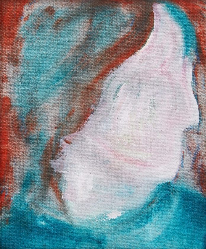 David Bowie painting entitled D Head XLVI. The painting is an image of a person's profile with long hair and pale skin. Aside from the pink tones of the skin, the figure is teal with red accents and a blood red background.