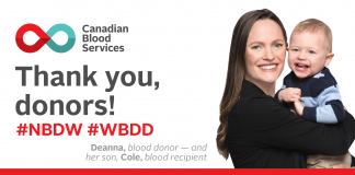 Thank you, donors! Deanna, a blood donor, hold her son Cole, a blood recipient for a photo in honour of National Blood Donor Week. #NBDW #WBDD