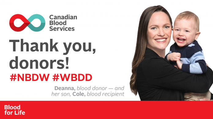 Thank you, donors! Deanna, a blood donor, hold her son Cole, a blood recipient for a photo in honour of National Blood Donor Week. #NBDW #WBDD