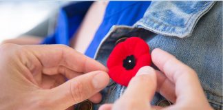 A Remembrance Day poppy pin is placed on a person's jacket