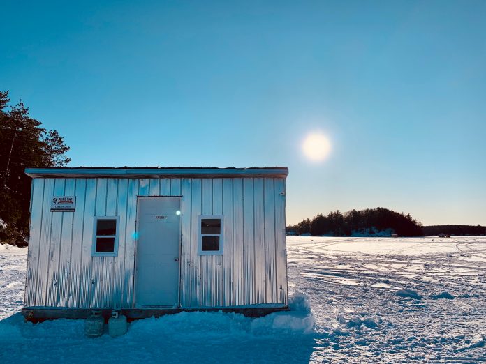 An ice fishing hut on Lake Rosseau in Muskoka Lakes