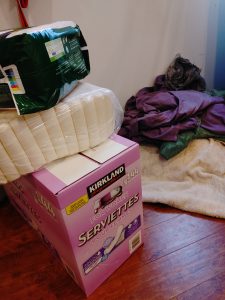 Helping homeless locals: Donations waiting to be packed into cozy kits