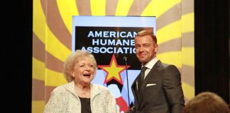 Betty White and Joey Lawrence introducing the Guide Dog category at the American Humane Association Hero Dog Awards in 2012