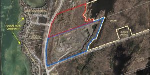 Fowler quarry appeal: A map showing the existing Fleming quarry (blue outline) and the proposed extension (red outline)
