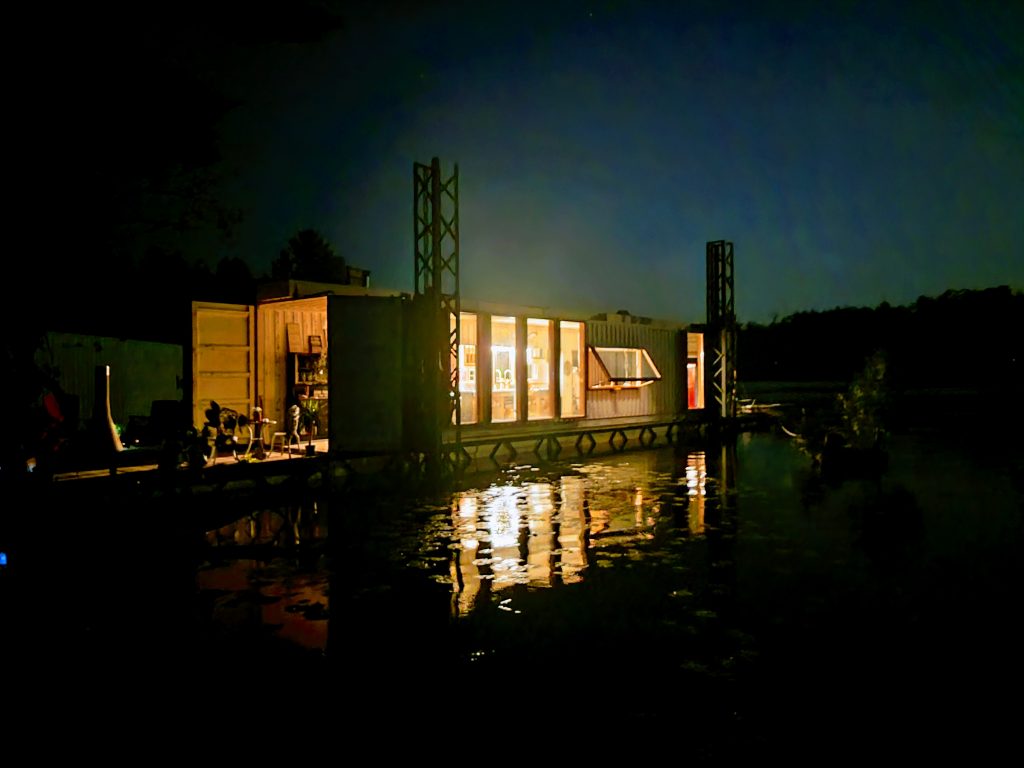 Joe Nimens' floating accommdations at night