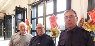 Bracebridge Deputy Mayor Rick Maloney, Deputy Fire Chief Mike Peake and Fire Chief Murray Medley at the awards ceremony on June 15