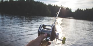 Fishing rod and line over a lake