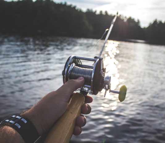 Fishing rod and line over a lake