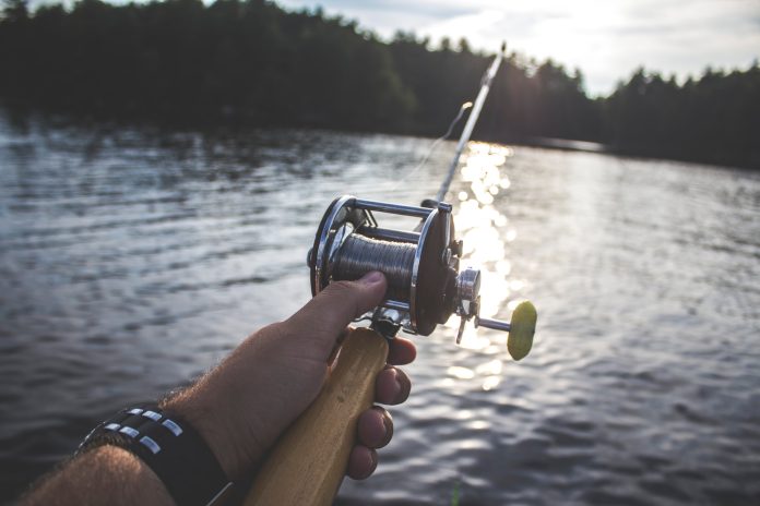 Fishing rod and line over a lake