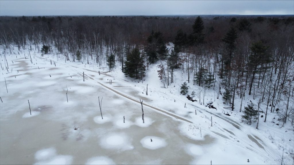Drone photo from the Muskoka Lakes Snow Trails Association, story on snowmobile clubs
