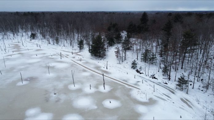 Drone photo from the Muskoka Lakes Snow Trails Association, story on snowmobile clubs