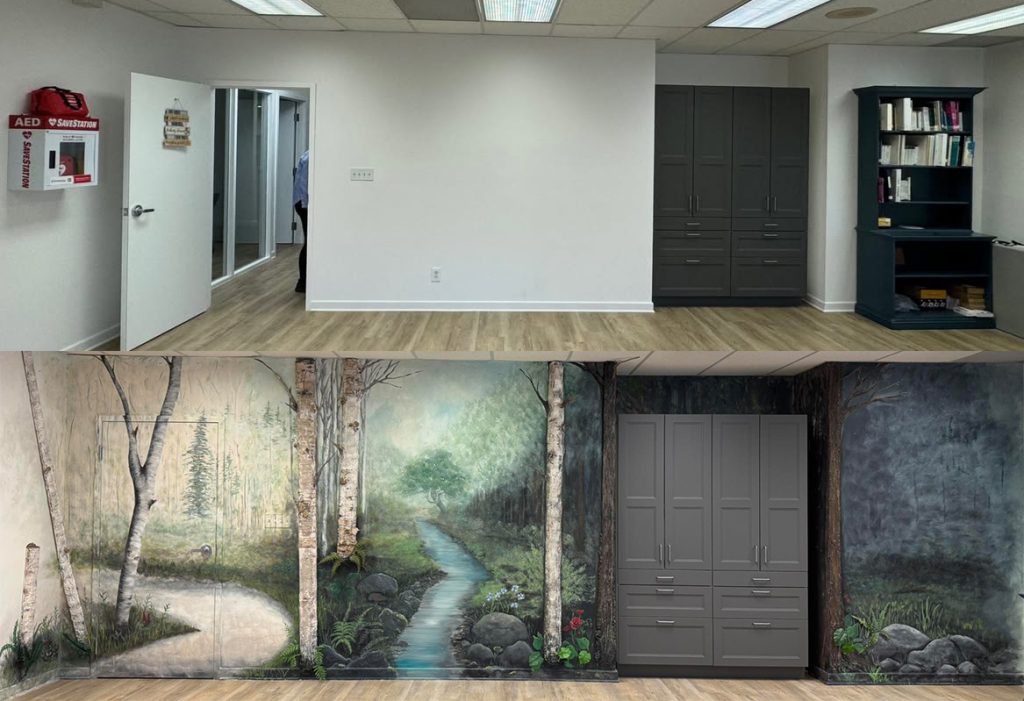 The program room at the Alzheimer Society of Muskoka office before and after the mural donation