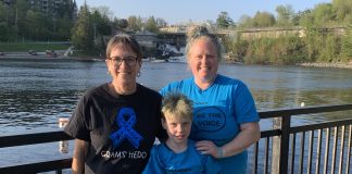 Nash Hamilton (front) with his grandmother and mother Jody at Bracebridge Falls for Apraxia Awareness Day