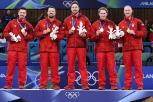 Team Canada Gold medalists Brad Jacobs, Marc Kennedy, Brett Gallant, Ben Hebert and Tyler Tardi for Milano Cortina 2026 Winter Olympic games(Photo by Julian FinneyGetty Images)
